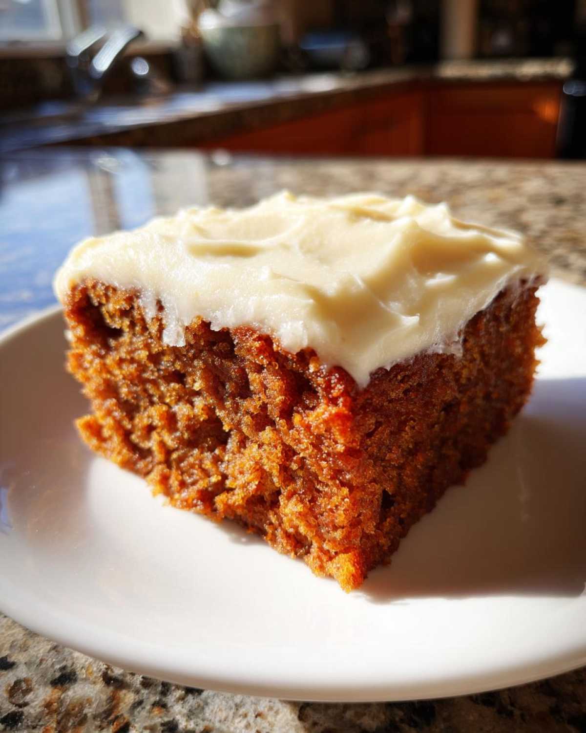 Close-up of a moist slice of applesauce cake topped with thick, white cream cheese frosting, sitting on a white plate.