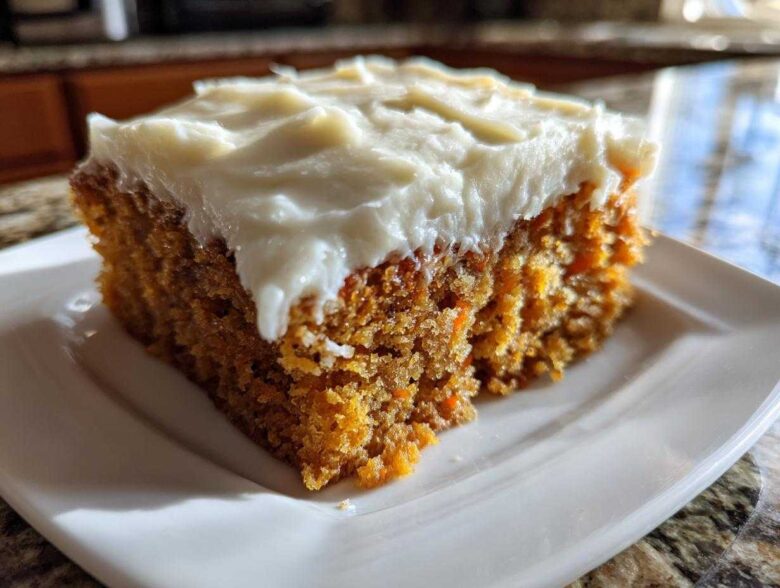 A close-up of a moist slice of applesauce cake topped with thick, white cream cheese frosting.