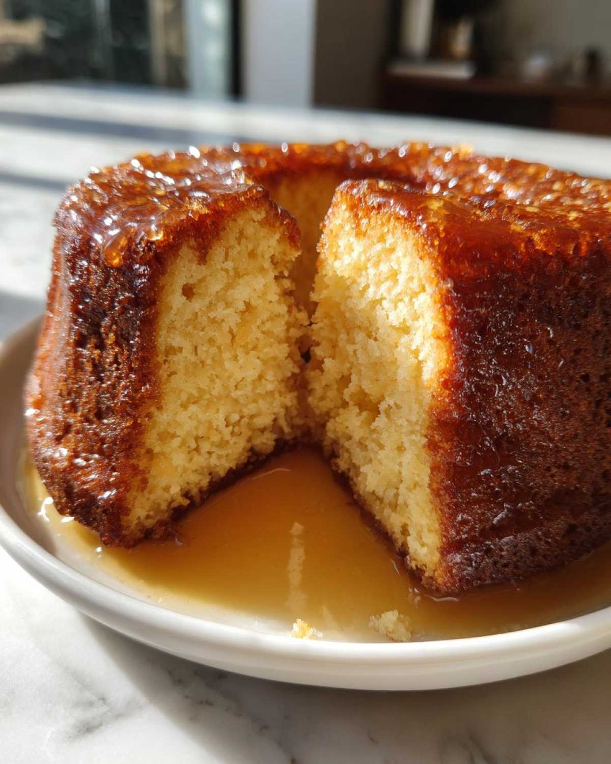 A moist Bacardi Rum Cake, cut in half, showing the light crumb and rich rum glaze pooling on the white plate.