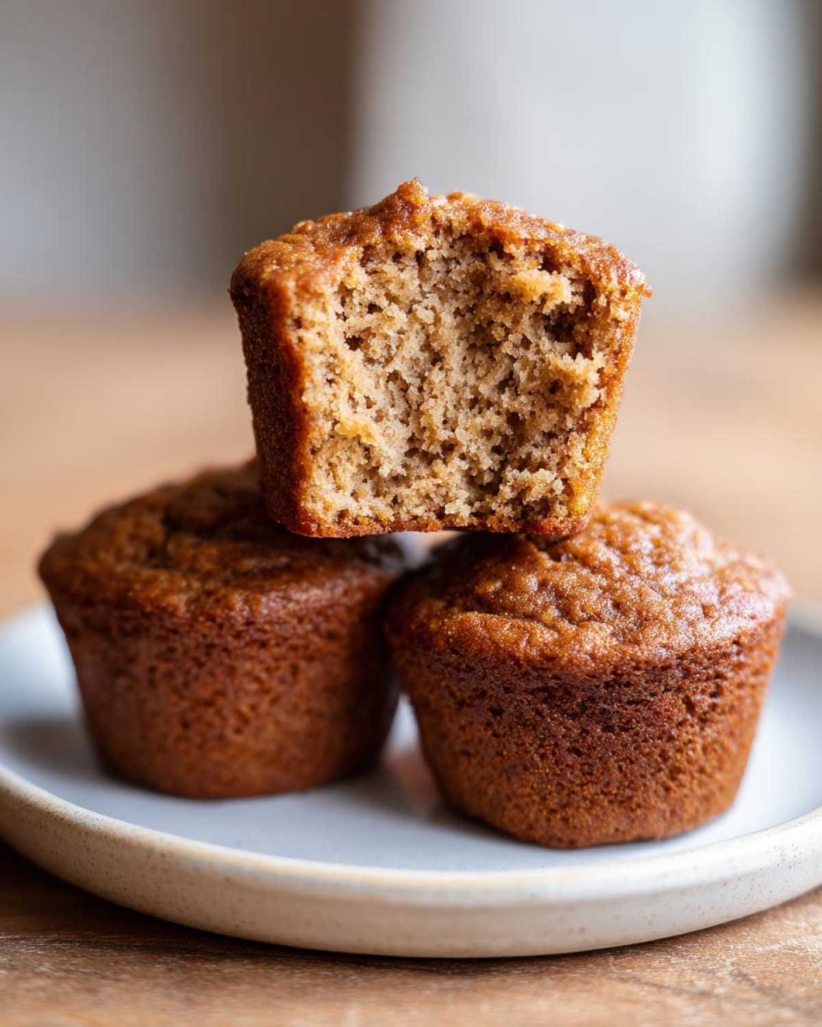Close-up of banana protein muffins stacked, showing the moist, fluffy interior texture of the top muffin.