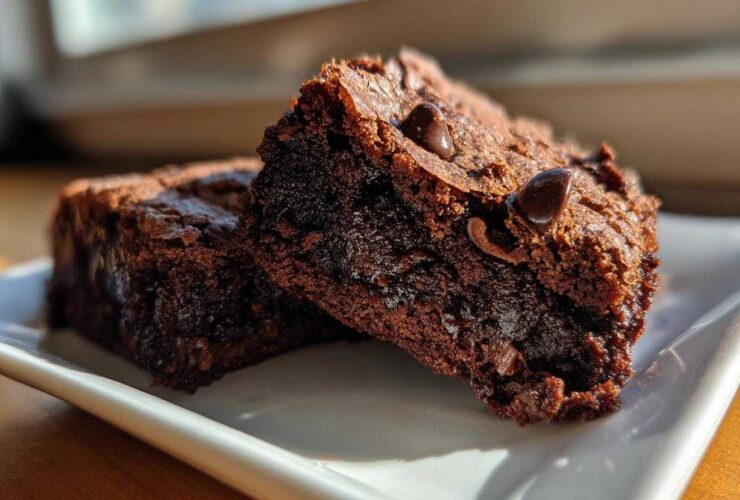 Close-up of two fudgy black bean brownies with visible chocolate chips on a white plate.