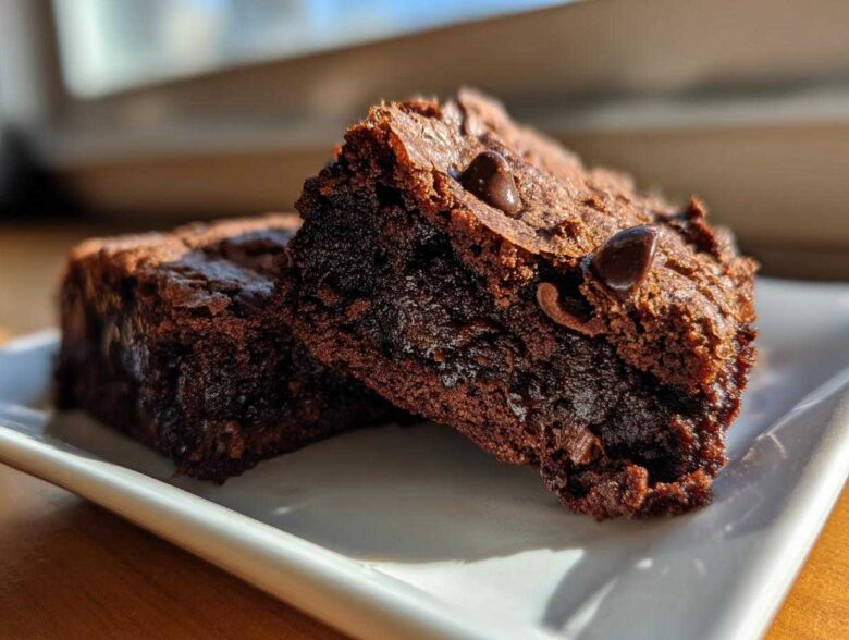 Close-up of two fudgy black bean brownies with visible chocolate chips on a white plate.