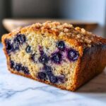 Close-up of a moist slice of blueberry banana bread featuring visible blueberries and a crunchy streusel topping.