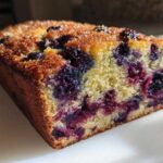 Close-up of a slice of moist blueberry banana bread showing the dense crumb and burst blueberries.