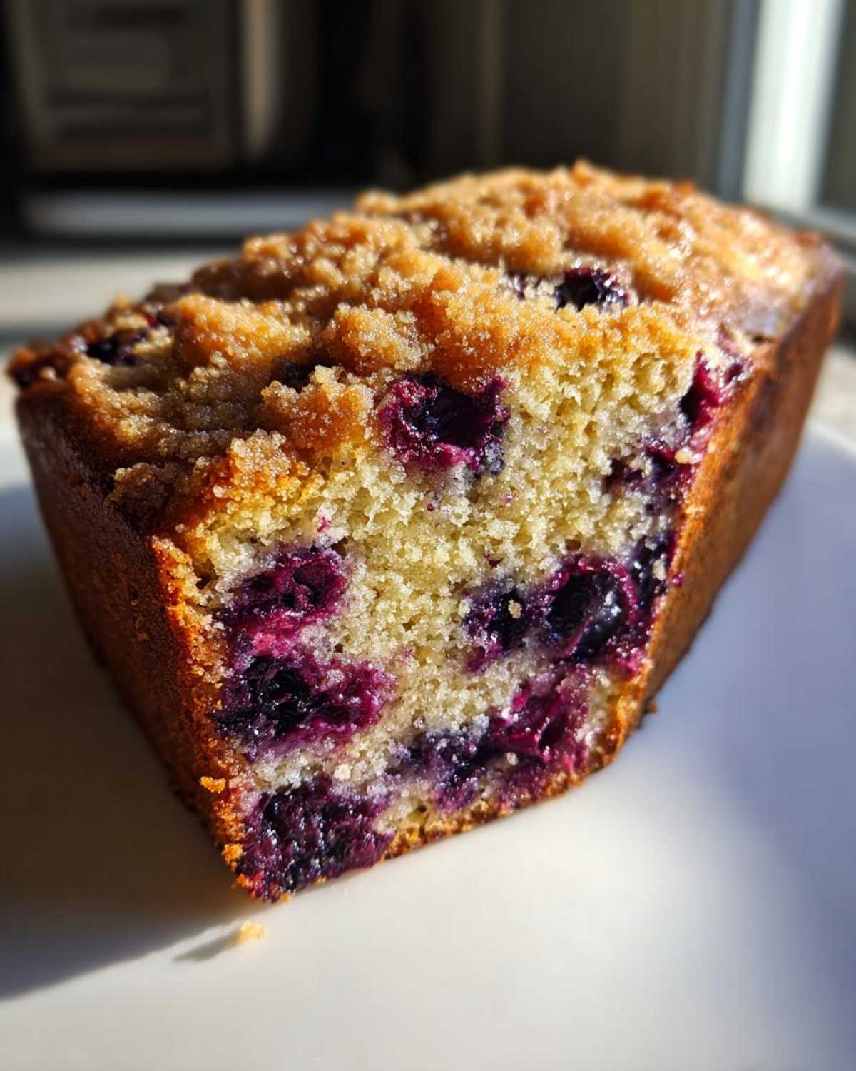 Close-up of a slice of moist blueberry banana bread showing rich purple blueberries and a sugary crumb topping.