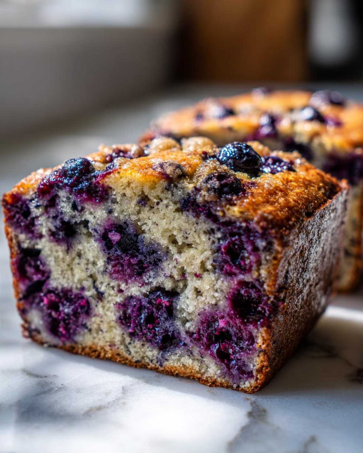 Close-up of a moist slice of blueberry banana bread showing vibrant purple blueberries baked into the crumb.