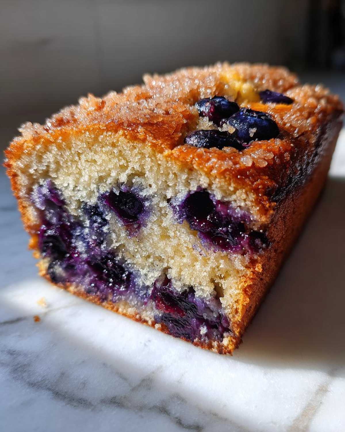 Close-up of a moist slice of blueberry banana bread showing dense crumb and baked blueberries, topped with coarse sugar.