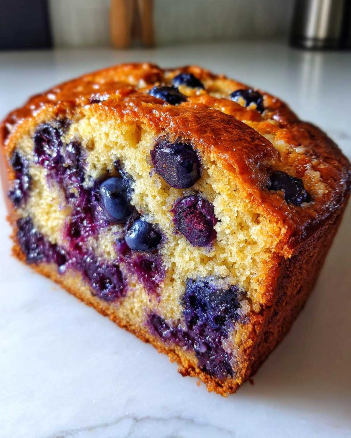 Close-up of a moist slice of blueberry banana bread showing rich yellow crumb and bursting blueberries.