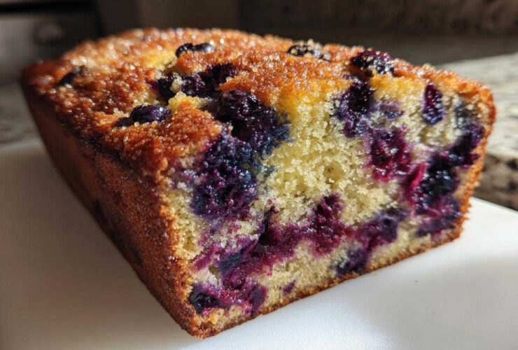 Close-up of a slice of moist blueberry banana bread showing the dense crumb and burst blueberries.