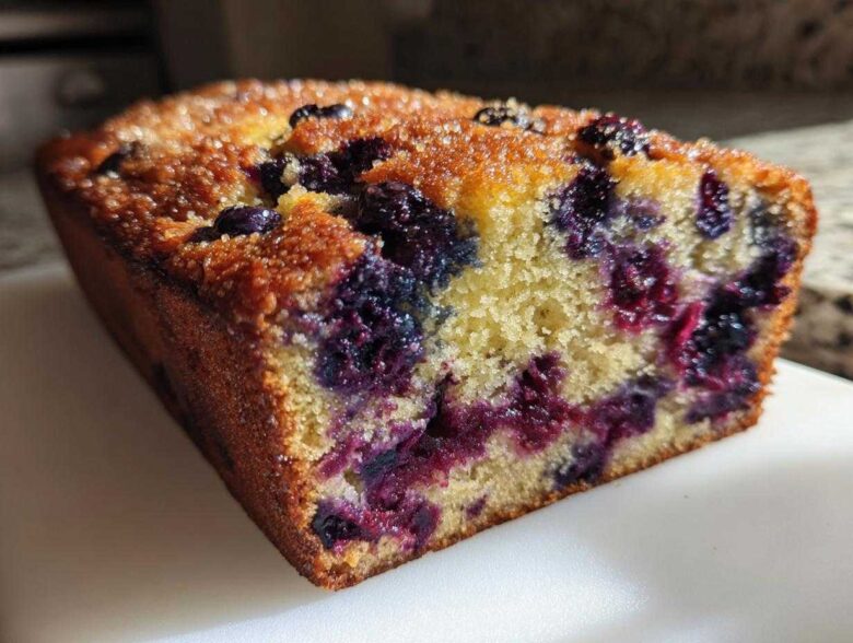 Close-up of a slice of moist blueberry banana bread showing the dense crumb and burst blueberries.