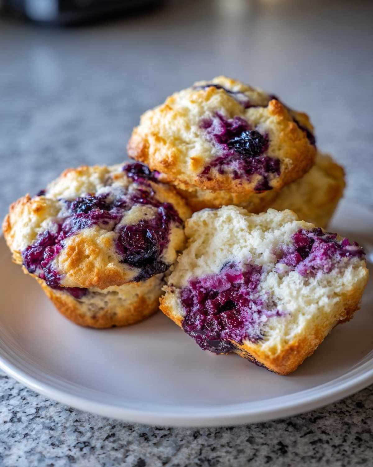 A stack of moist blueberry protein muffins, one cut open to show the fluffy interior and jammy berries.