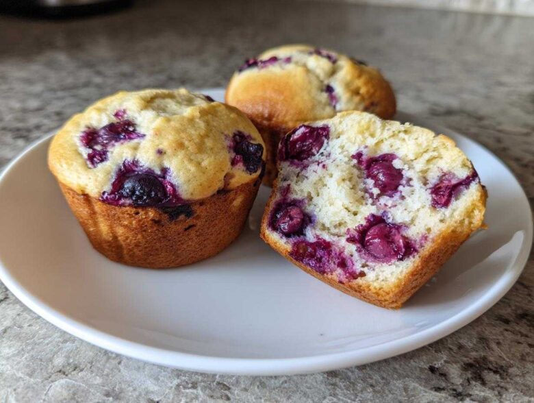 Three moist blueberry protein muffins, one cut in half showing the fluffy interior and berries.