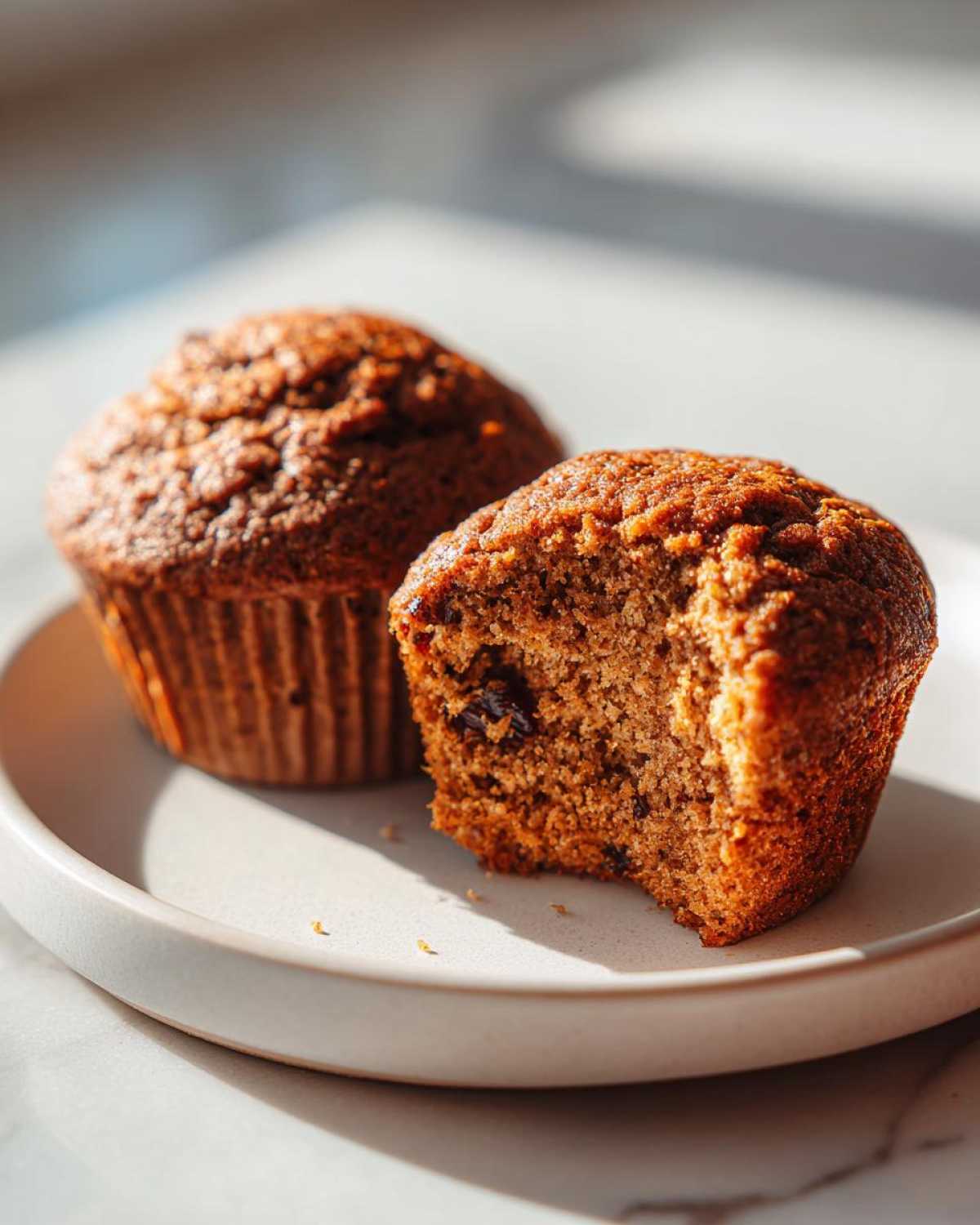 Two moist bran muffins on a plate, one with a bite taken out showing the texture and raisins.