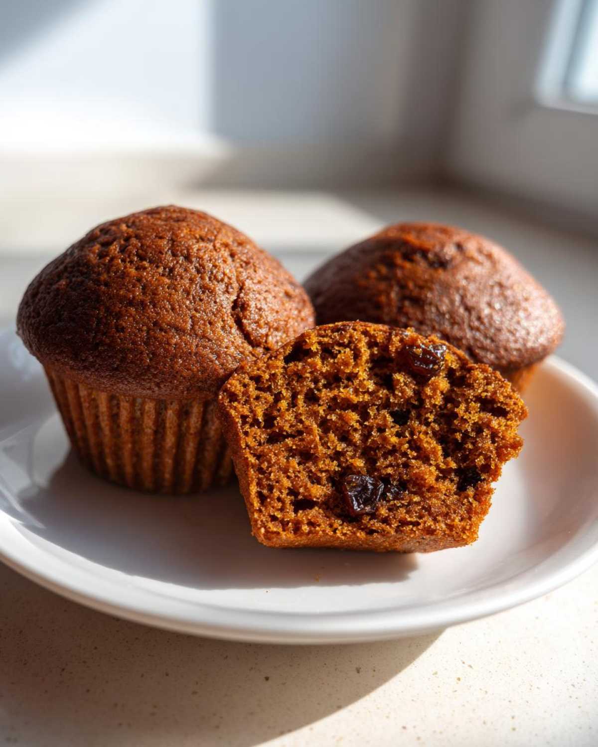 Close-up of moist bran muffins, one cut in half showing the texture and raisins inside.
