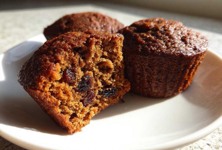 Close-up of moist bran muffins, one cut open showing raisins and a rich texture.