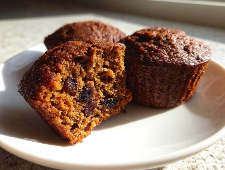 Close-up of moist bran muffins, one cut open showing raisins and a rich texture.