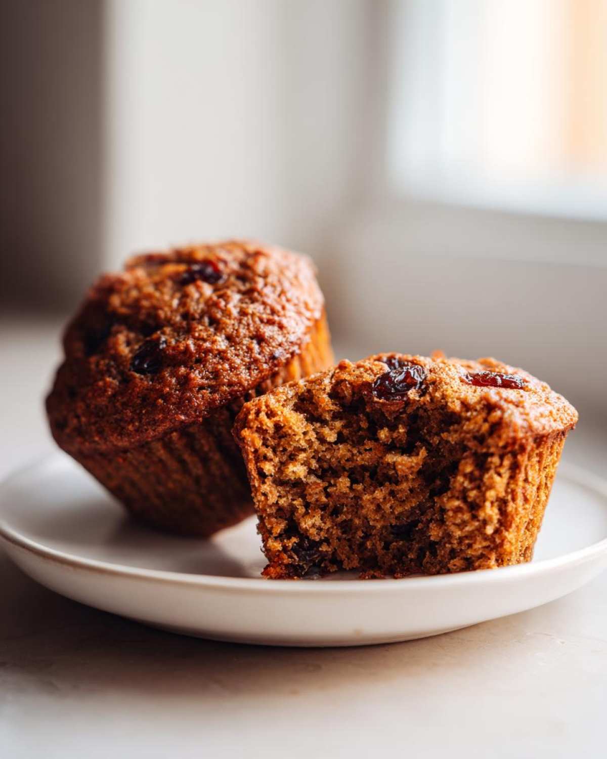 Close-up of two moist bran muffins, one broken open to show the texture and raisins.