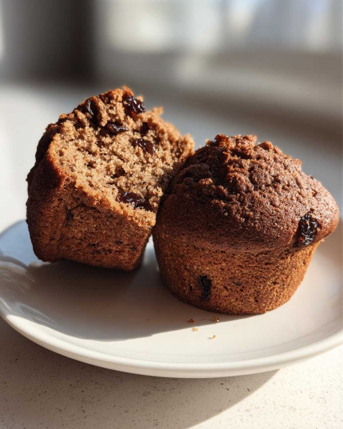 Two dark brown bran muffins on a white plate, one split open revealing moist texture and raisins.