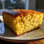 Close-up of a golden, moist slice of buttermilk cornbread served on a light-colored plate.