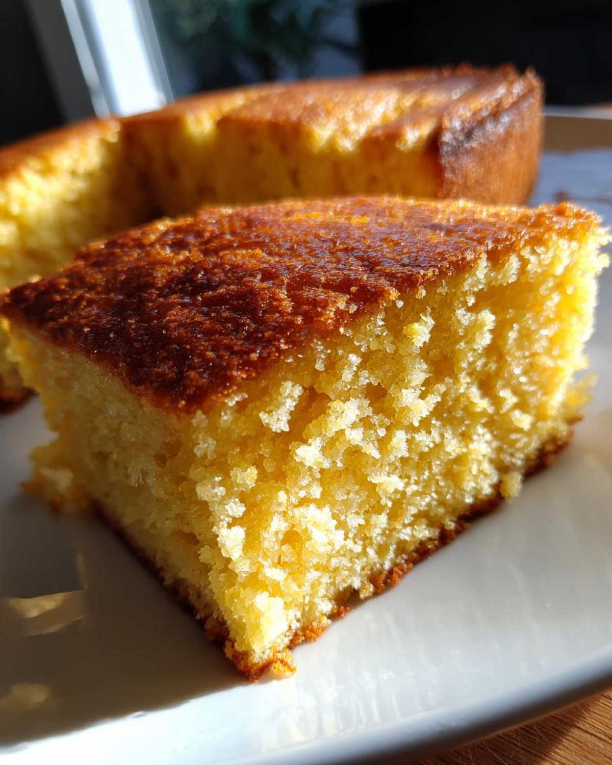 A close-up, sunlit slice of moist buttermilk cornbread showing its golden crumb texture on a white plate.