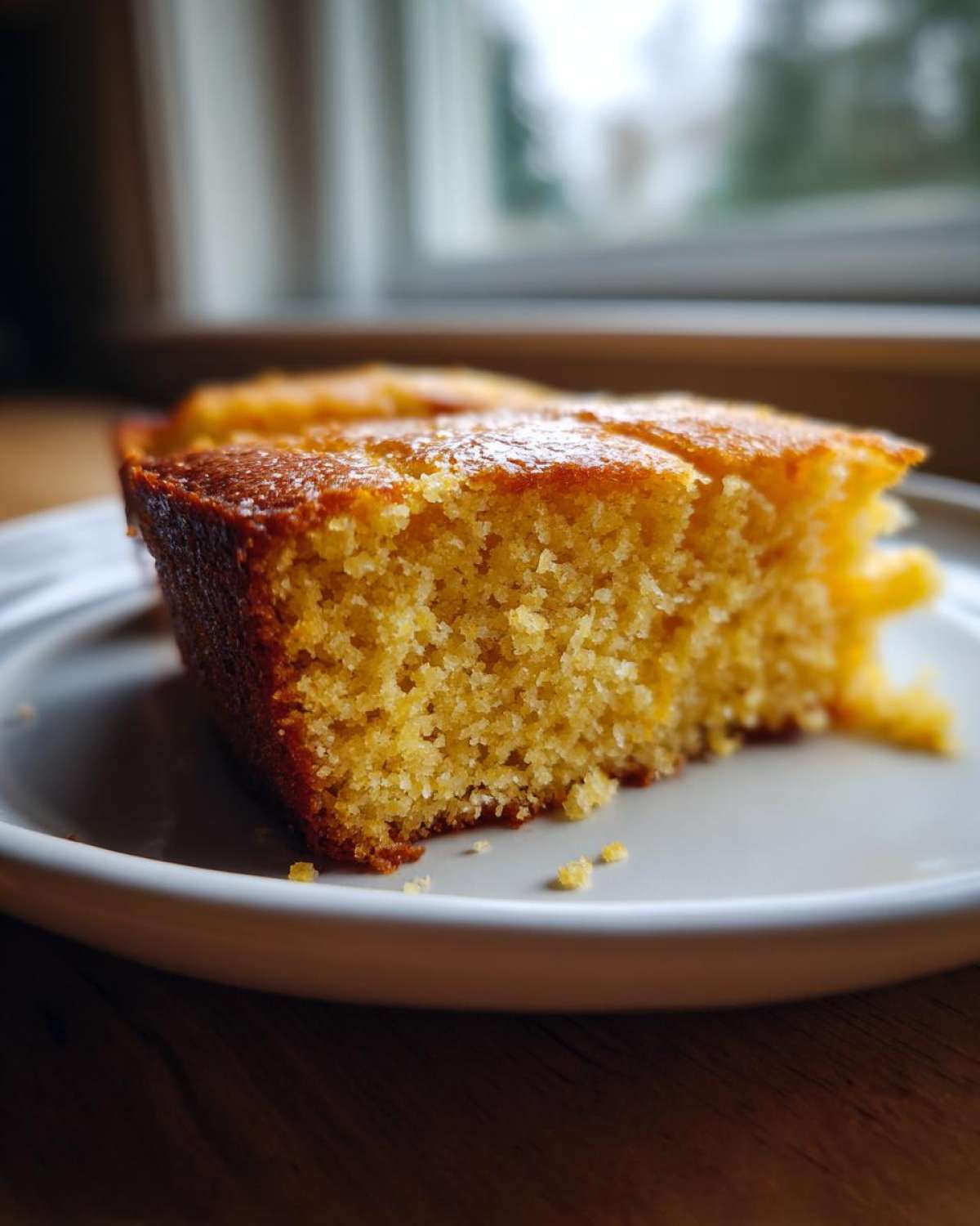 Close-up of a thick, golden slice of moist buttermilk cornbread resting on a white plate.