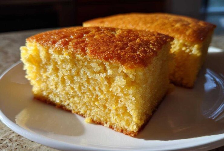 Close-up of a square slice of moist buttermilk cornbread with a golden crust, served on a white plate.