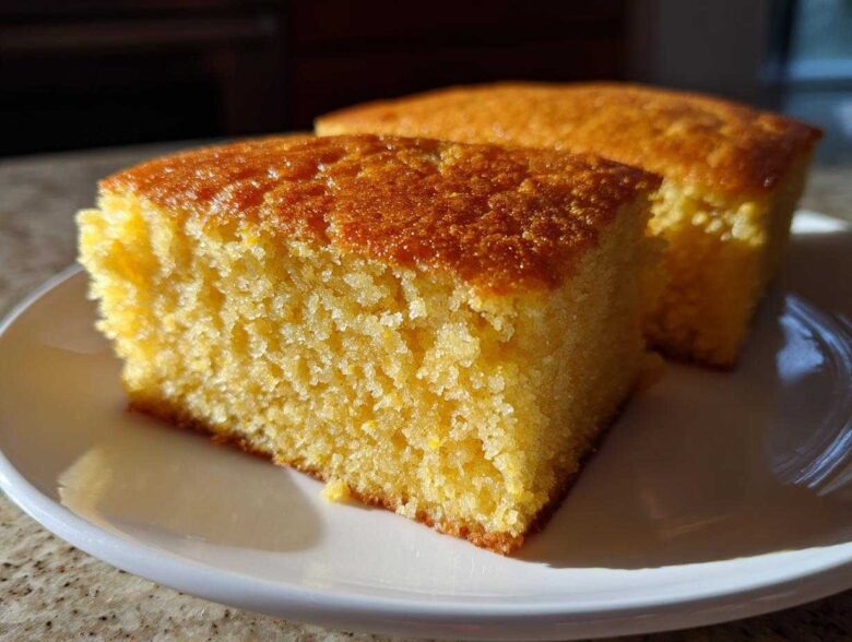 Close-up of a square slice of moist buttermilk cornbread with a golden crust, served on a white plate.