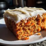 Close-up of a moist slice of carrot cake recipe showing shredded carrots and thick cream cheese frosting.