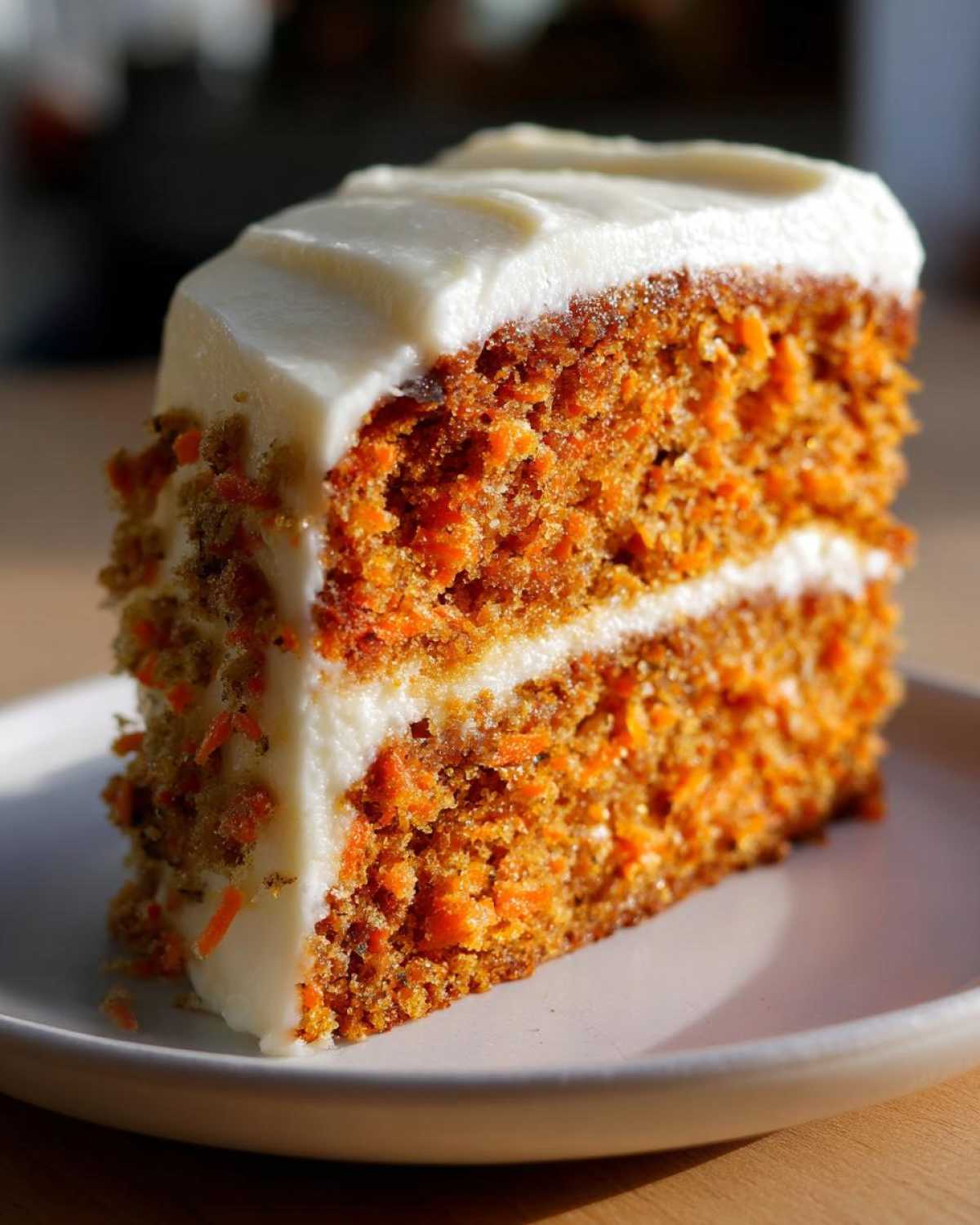 Close-up of a moist slice of carrot cake recipe showing visible shredded carrots and thick cream cheese frosting layers.