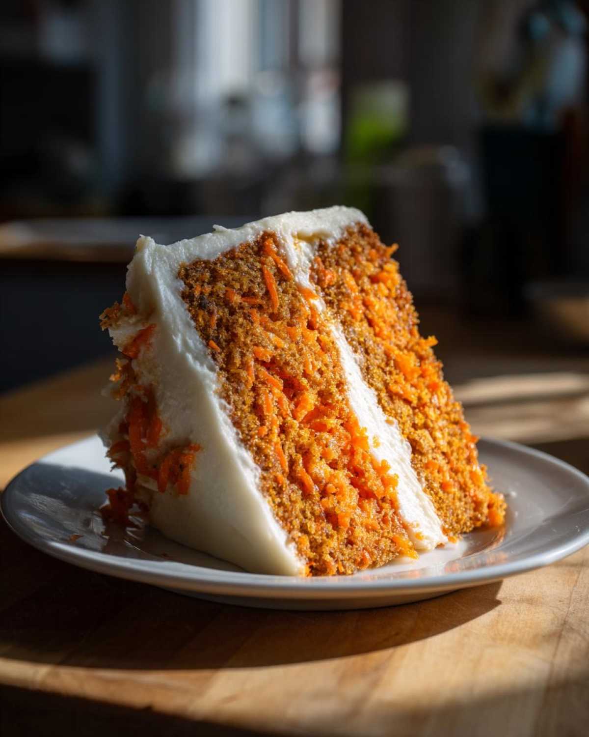 A tall, moist slice of carrot cake recipe with visible shredded carrots and thick cream cheese frosting.