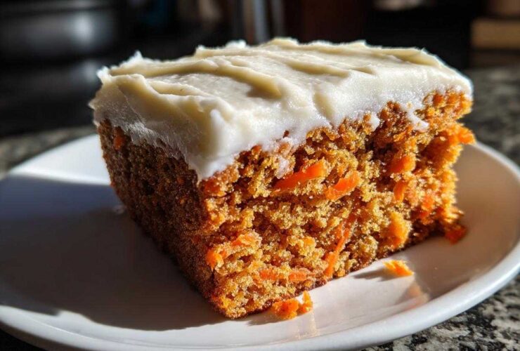 Close-up of a moist slice of carrot cake recipe showing shredded carrots and thick cream cheese frosting.