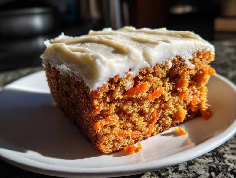 Close-up of a moist slice of carrot cake recipe showing shredded carrots and thick cream cheese frosting.