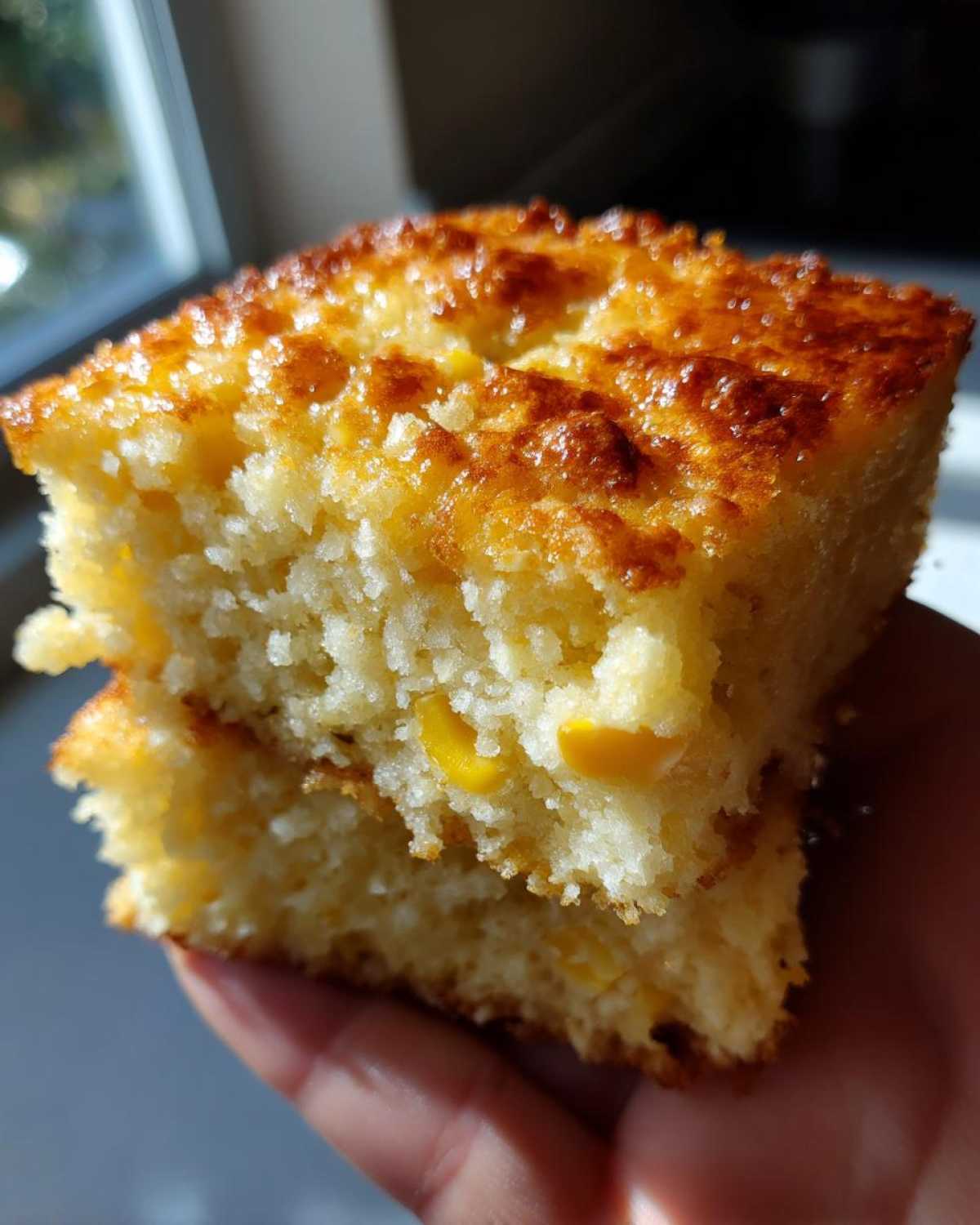 Close-up of a hand holding two stacked, moist squares of corn casserole featuring visible kernels of corn.