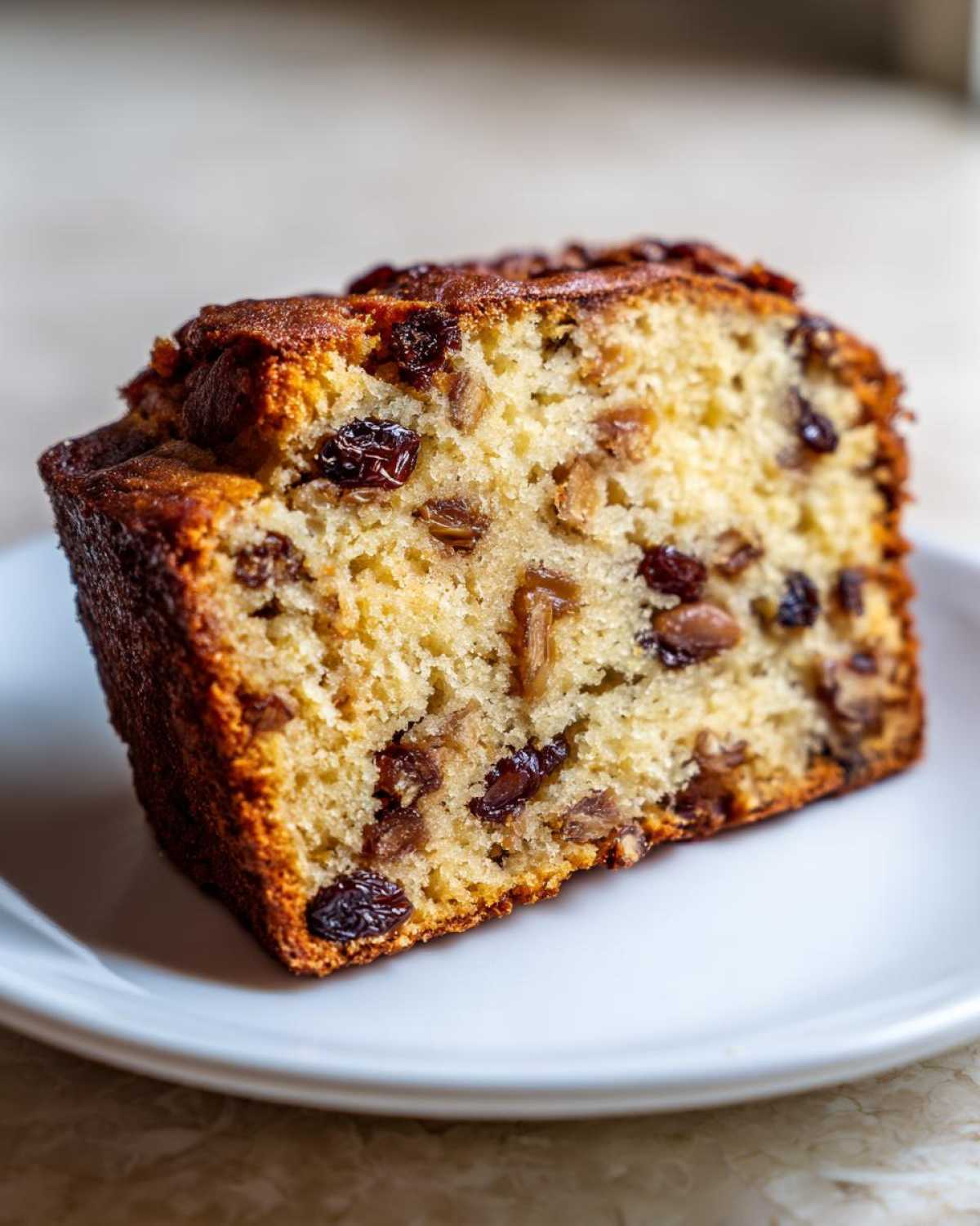 Close-up of a moist slice of date nut bread showing visible dates and nuts baked into the golden crumb.