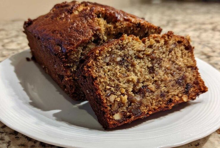 A slice cut from a loaf of moist date nut bread showing visible dates and walnuts.