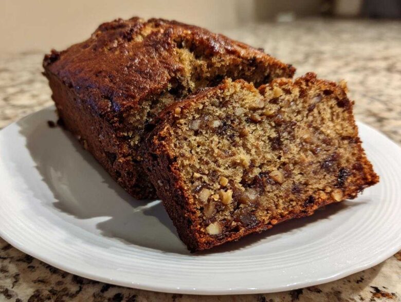 A slice cut from a loaf of moist date nut bread showing visible dates and walnuts.