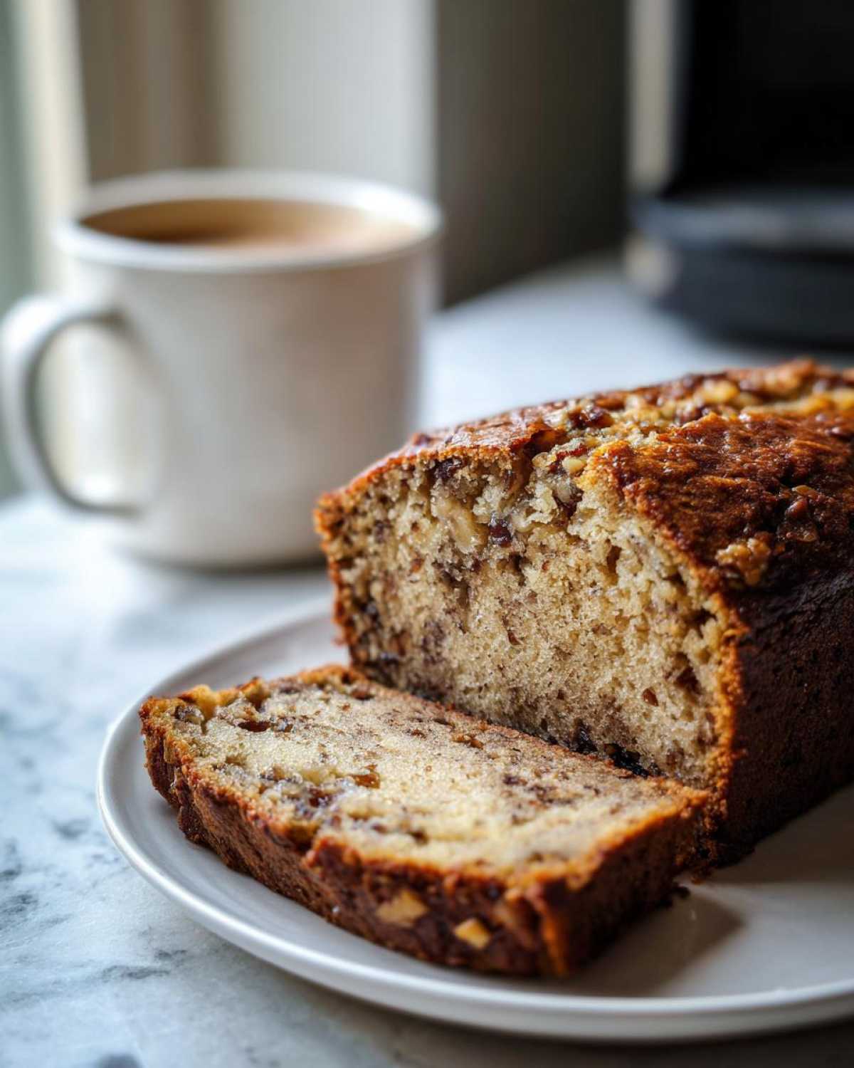 A moist slice of date nut bread sits next to the loaf on a white plate, with a mug of coffee blurred in the background.