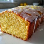 Close-up of a slice of moist lemon pound cake topped with dripping white glaze and lemon zest.