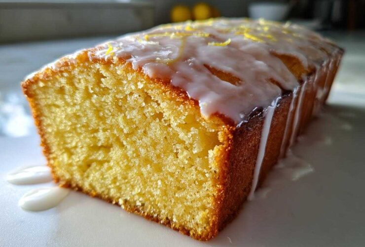 Close-up of a slice of moist lemon pound cake topped with dripping white glaze and lemon zest.