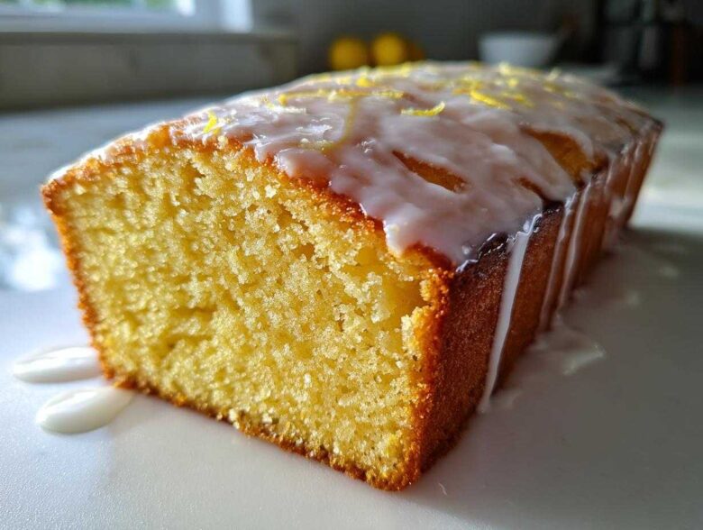 Close-up of a slice of moist lemon pound cake topped with dripping white glaze and lemon zest.
