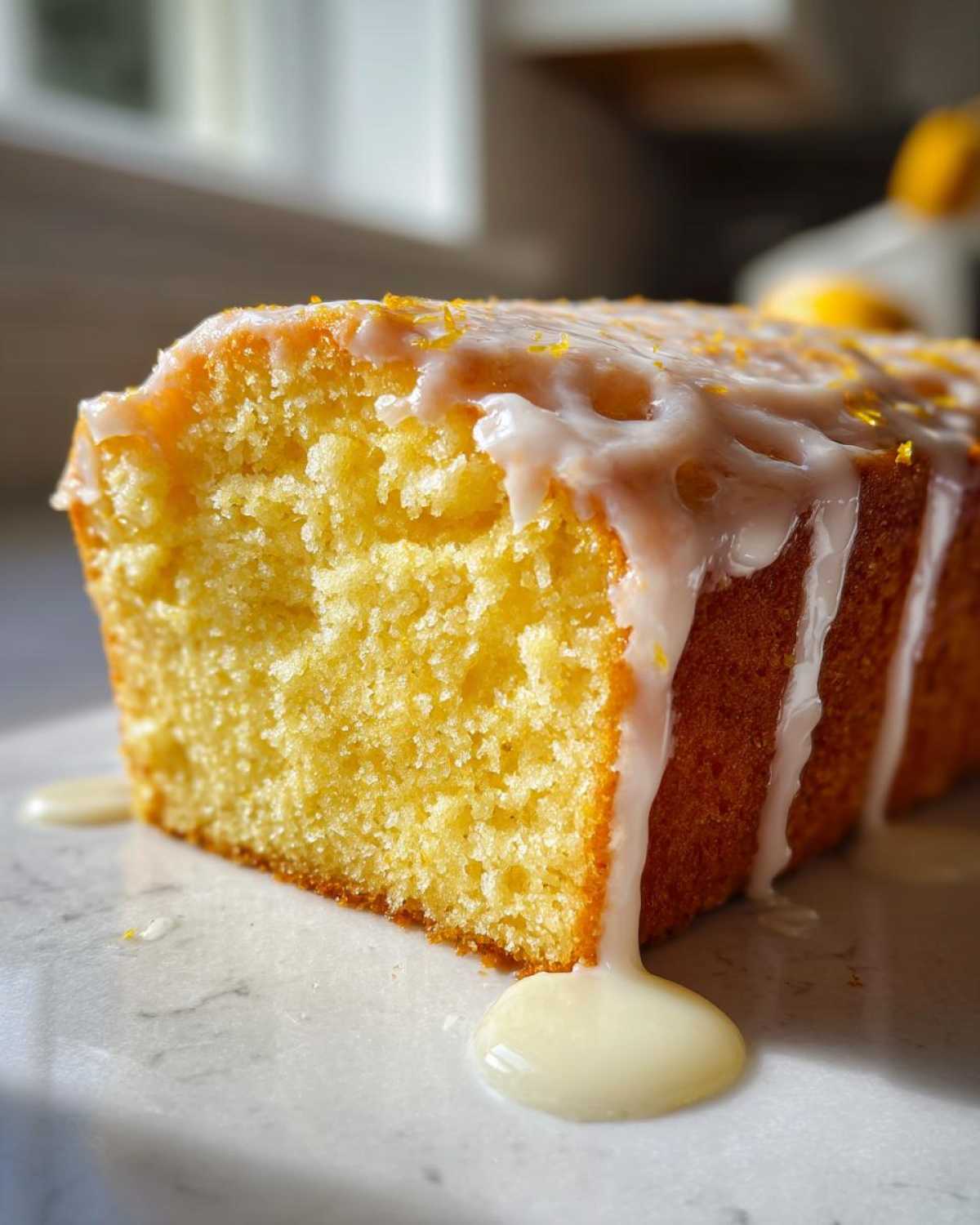 Close-up of a moist slice of lemon pound cake topped with dripping white glaze and lemon zest.
