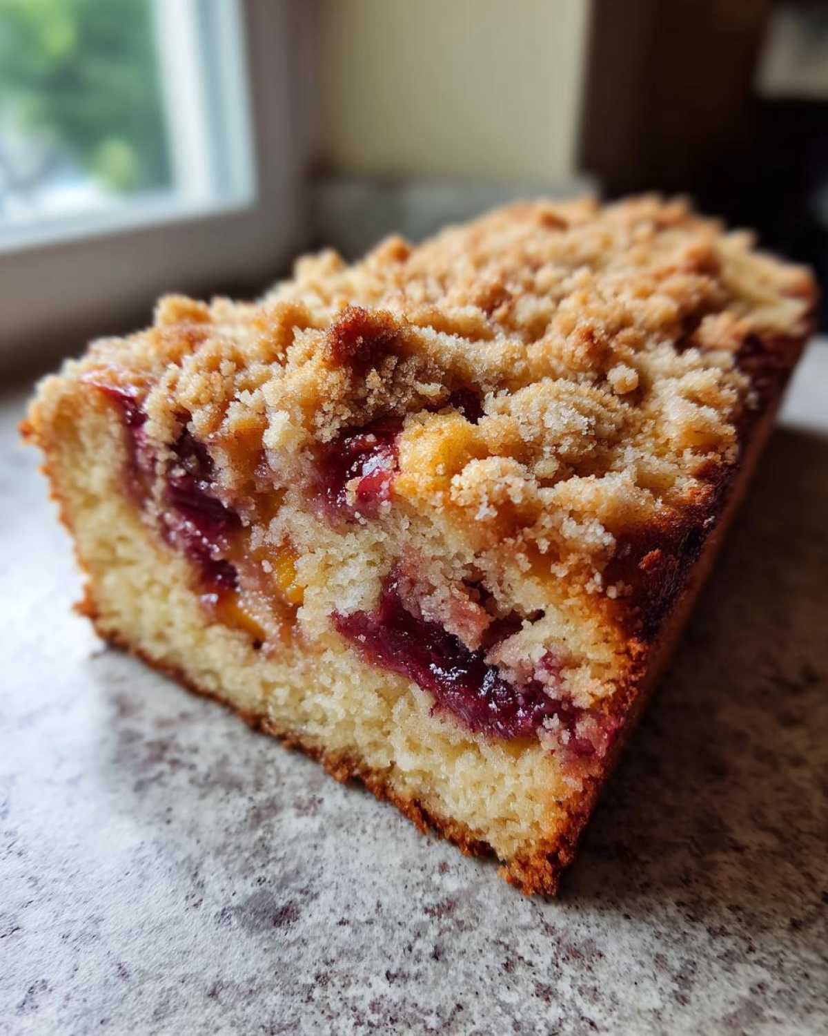 Close-up of a slice of moist plum cake featuring a thick, golden streusel crumb topping and visible fruit filling.