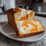 A loaf of pumpkin cream cheese bread, partially sliced, showing a beautiful orange and white swirl pattern inside.