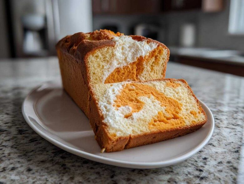 A loaf of pumpkin cream cheese bread, partially sliced, showing a beautiful orange and white swirl pattern inside.