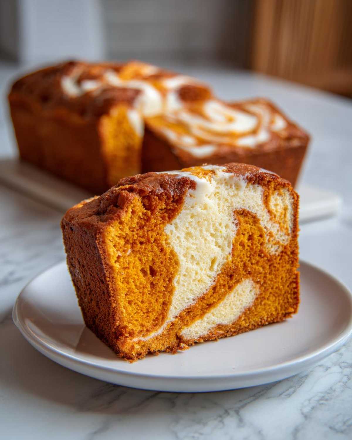 A thick slice of pumpkin cream cheese bread showing a beautiful orange and white swirl pattern on a white plate.