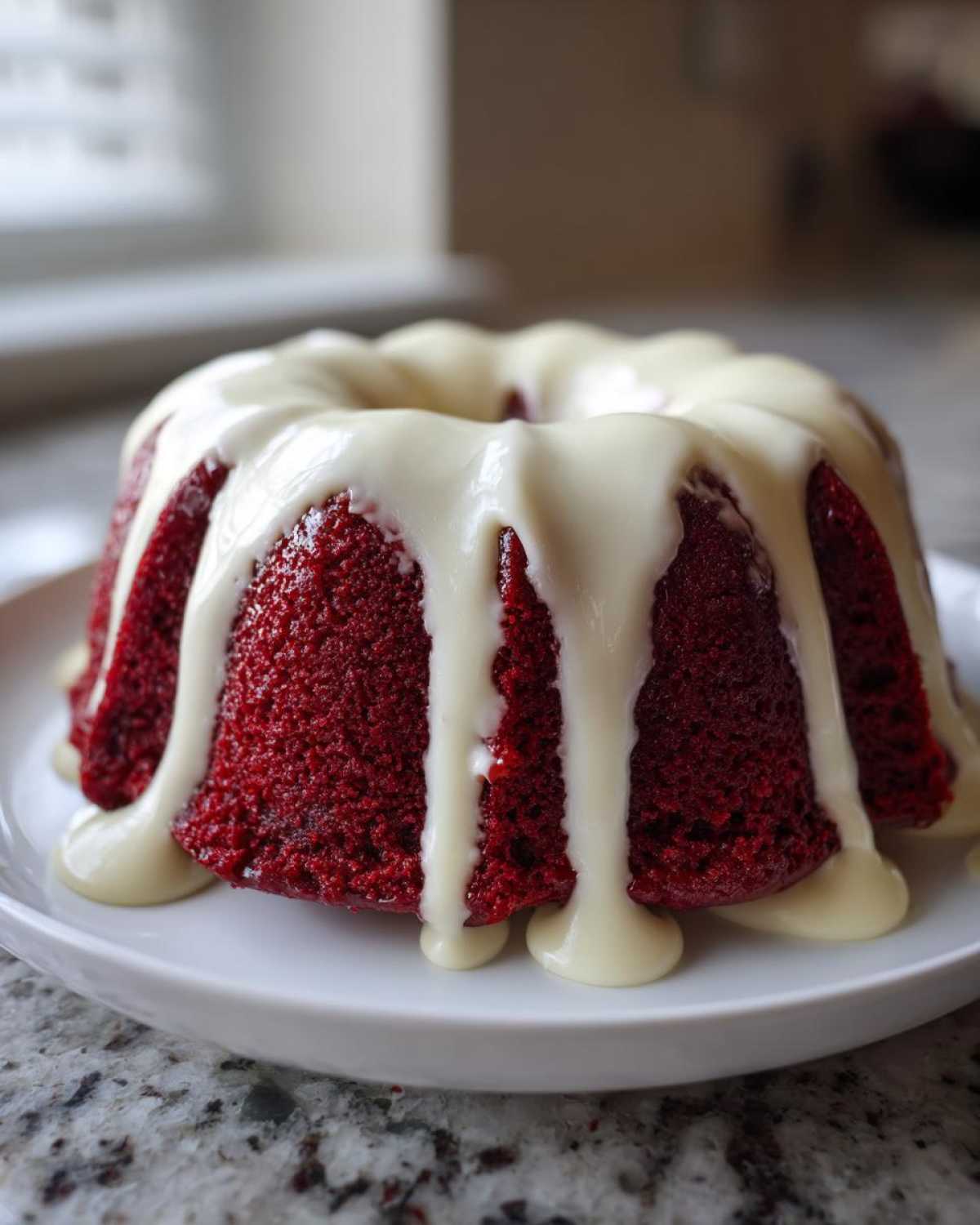 A vibrant red velvet bundt cake generously drizzled with thick white cream cheese glaze, sitting on a white plate.