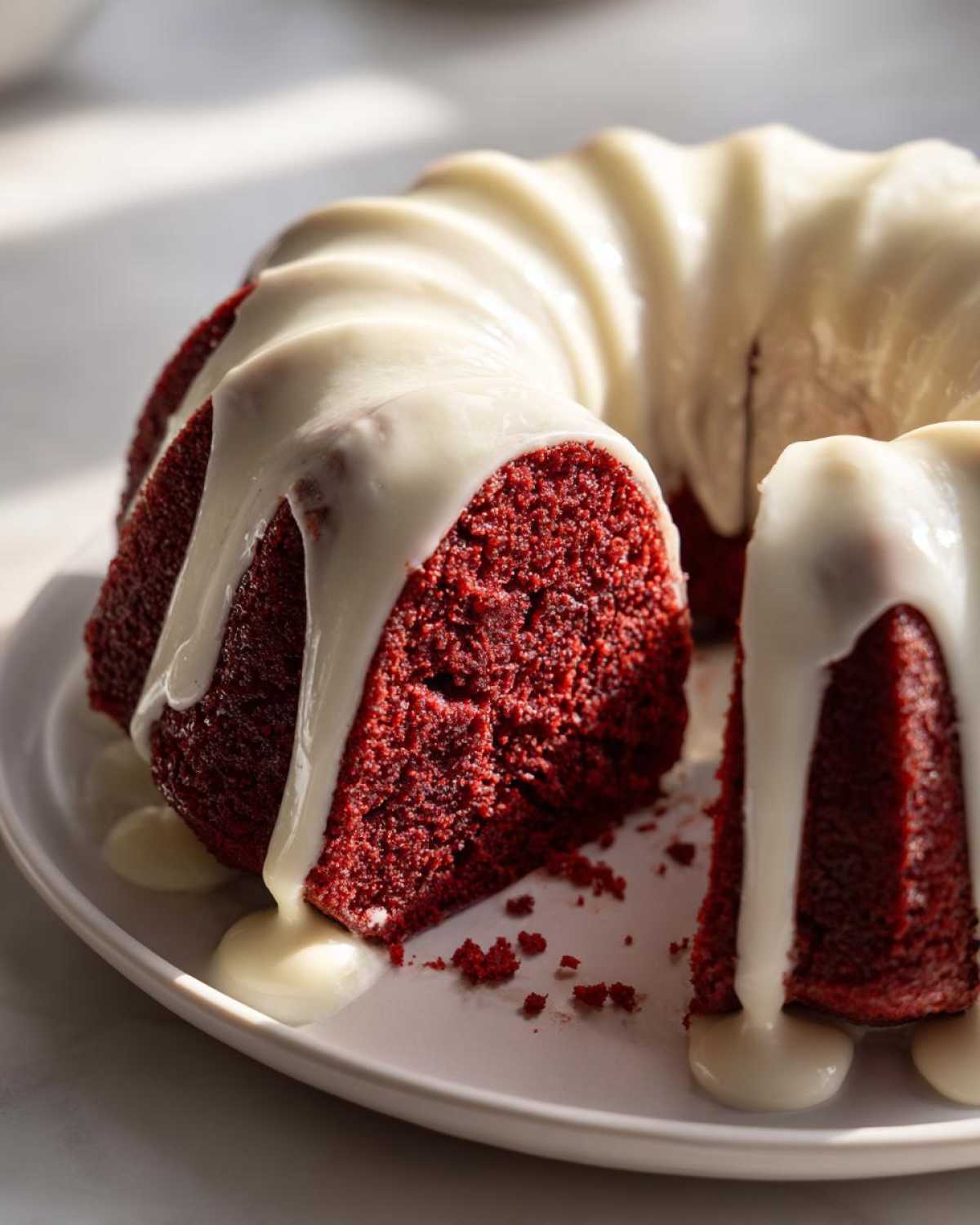 A slice cut from a moist red velvet bundt cake topped with thick, dripping cream cheese glaze.