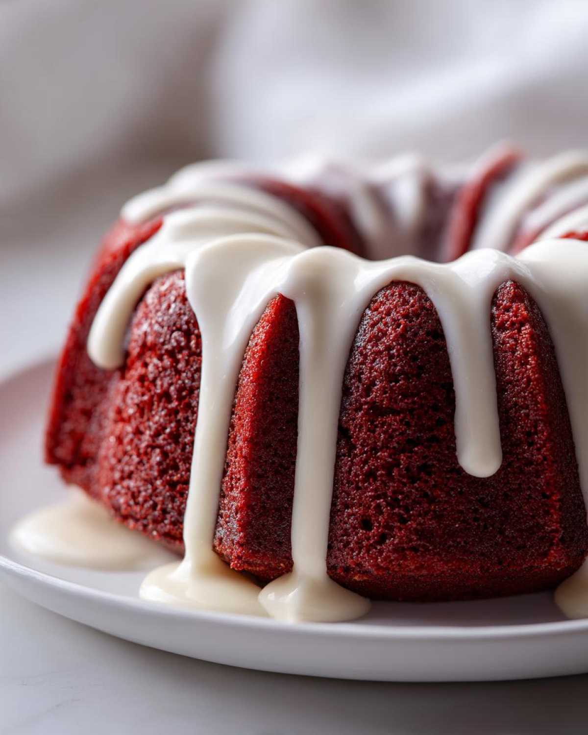 Close-up of a vibrant red velvet bundt cake drizzled heavily with white cream cheese glaze.