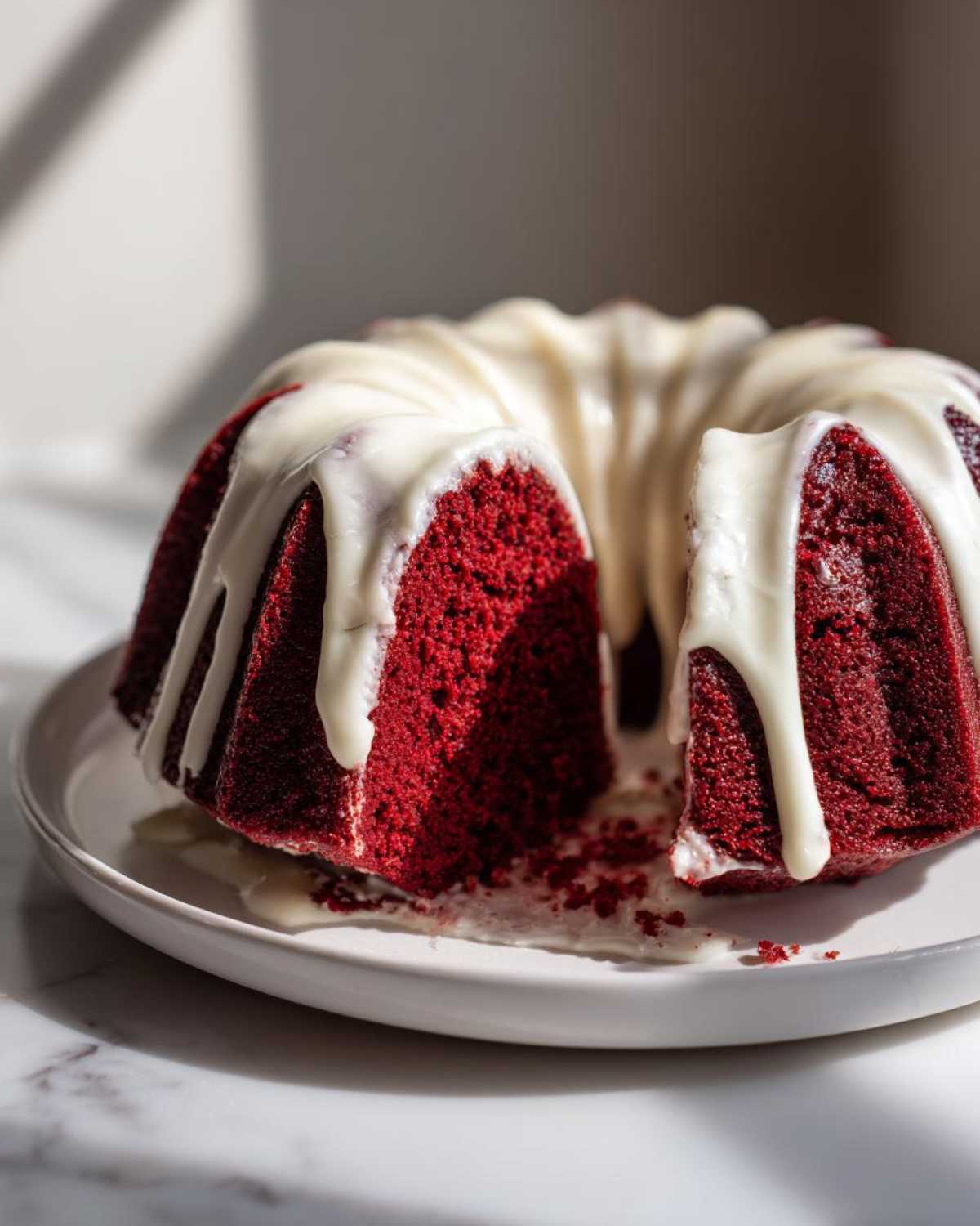 A slice removed from a vibrant red velvet bundt cake topped with dripping white cream cheese glaze.