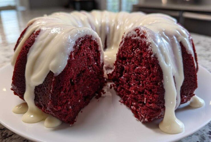 A moist red velvet bundt cake, cut in half, generously topped with dripping white cream cheese glaze.